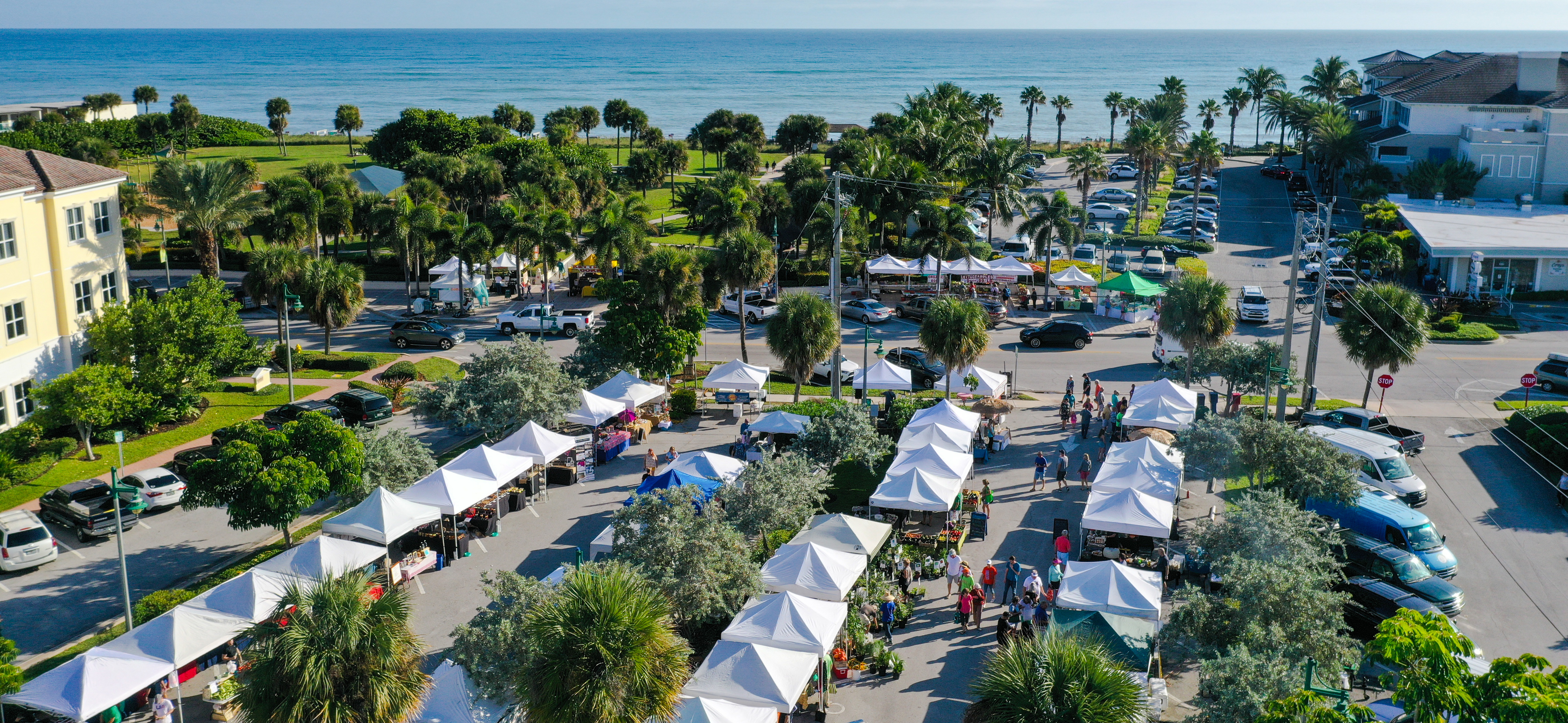 Vero Beach Farmers Market stalls and palms beside the ocean
