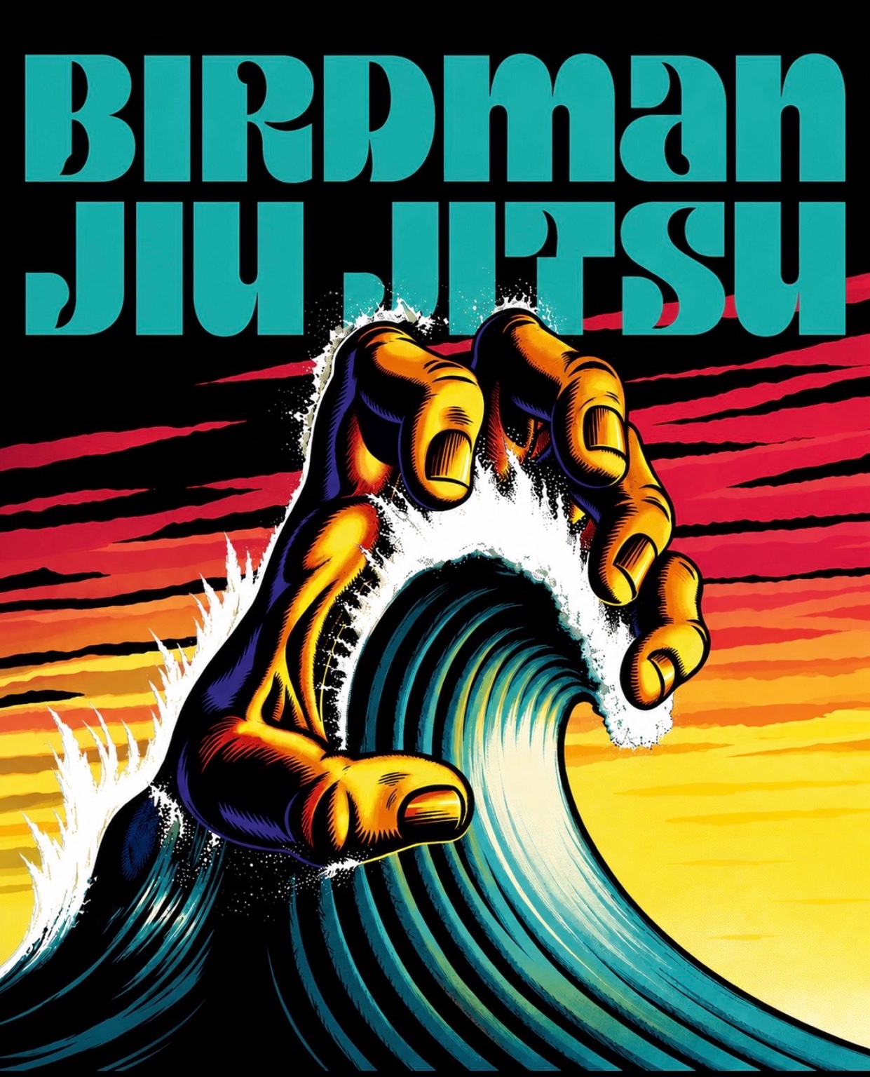 Birdman Jiu Jitsu artwork: a golden hand gripping a turquoise wave against a red and yellow sunset